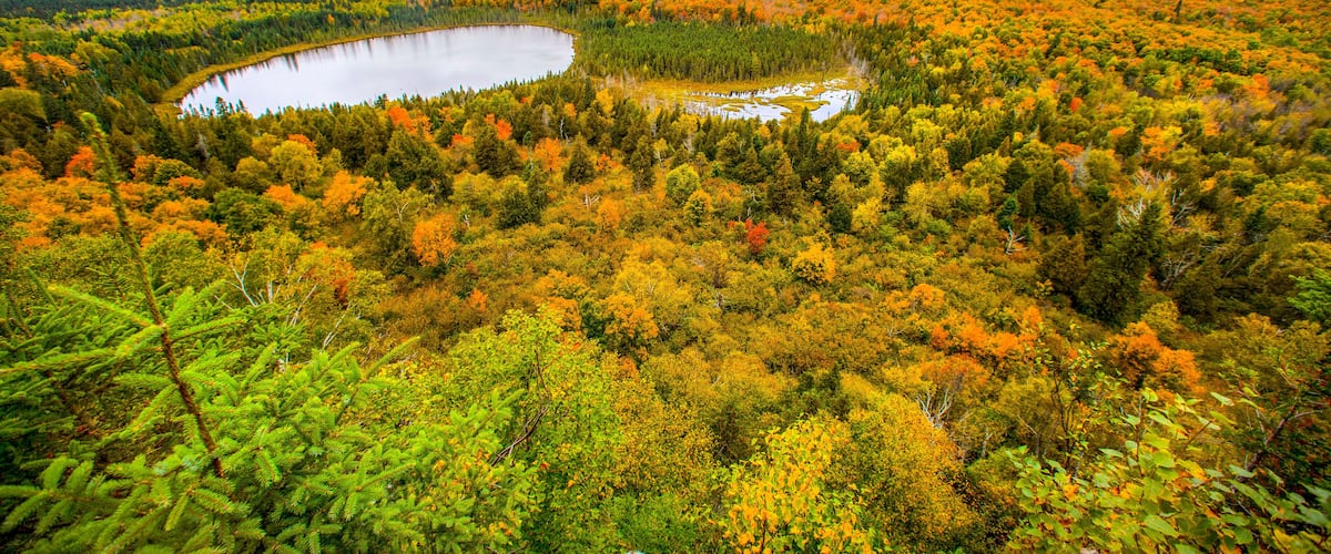 A lake surrounded by autumn-colored trees and hills.