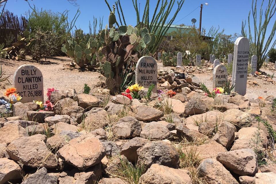 Un cementiri amb làpiades, cactus i flors.