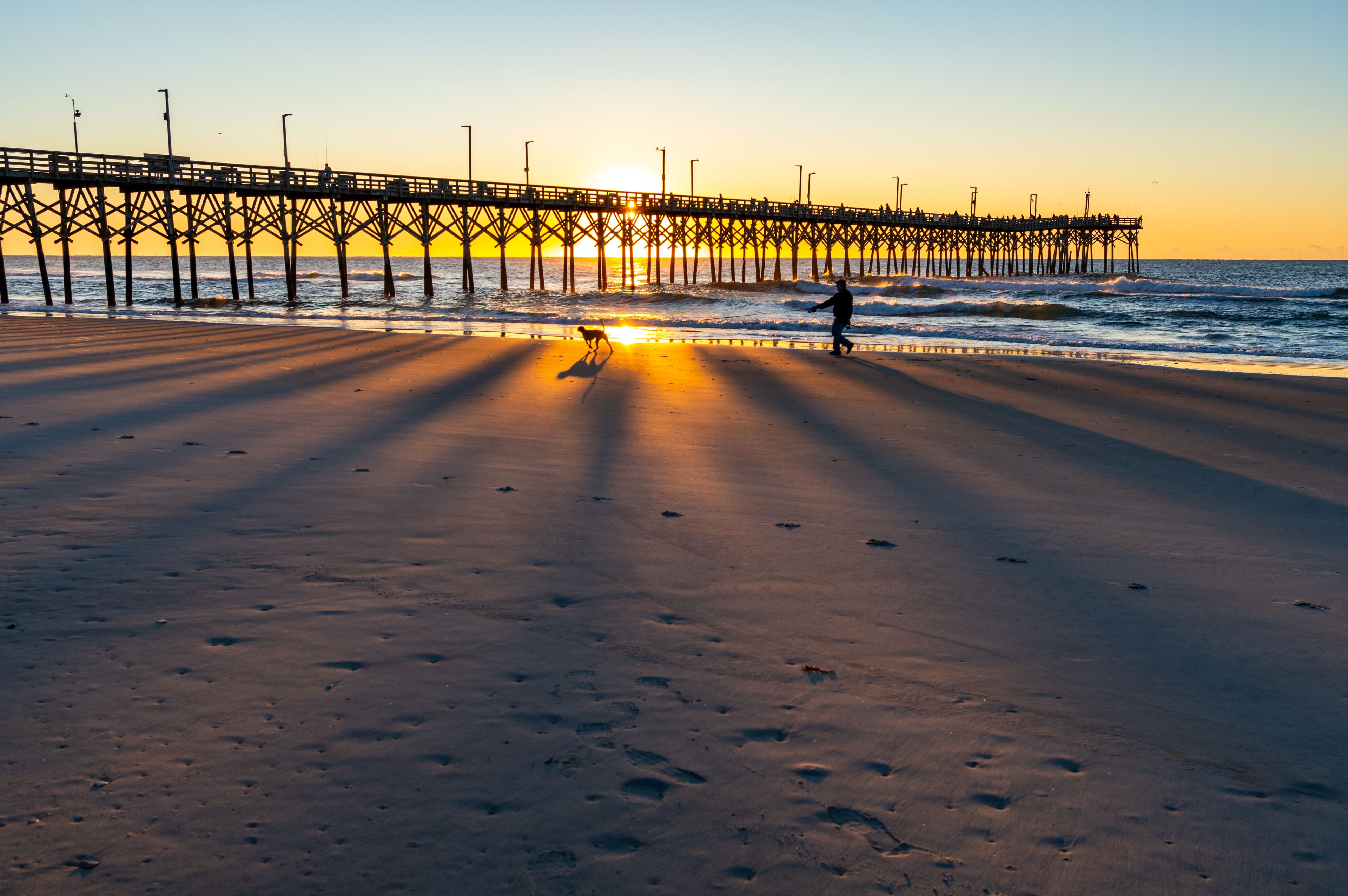 Silhouette of Man with Dog Walking through Shadows of Pier at Sunrise