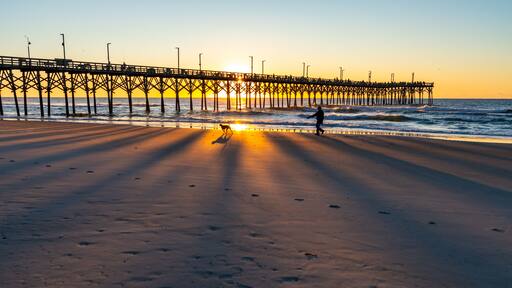 A beach with a pier extending into the ocean during sunset.