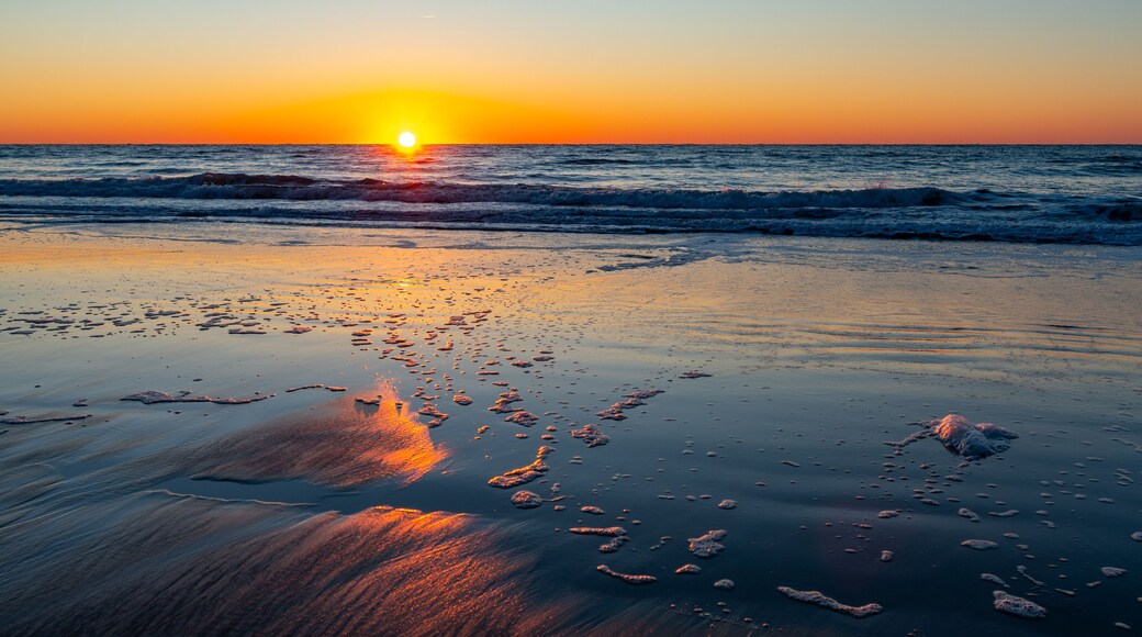 Seaside Sunrise with Cloud Reflections on Beach