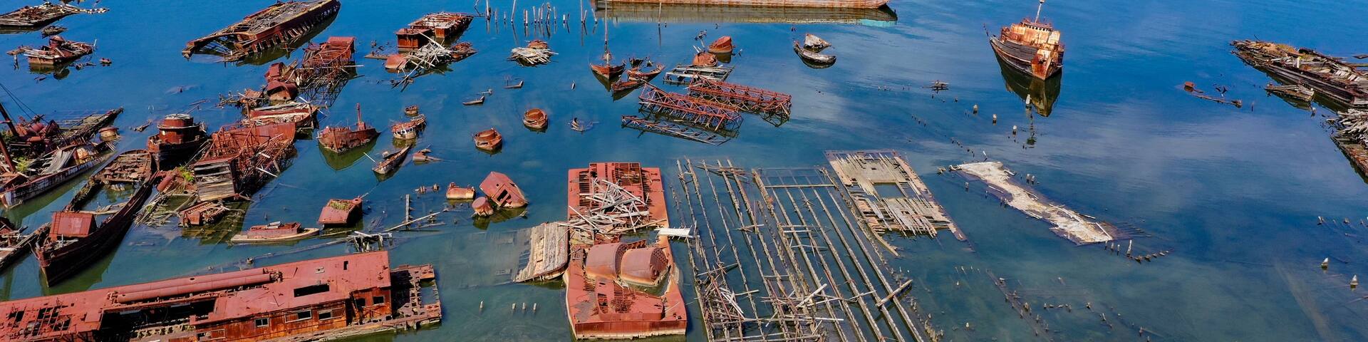 A large body of water with numerous sunken ships and boats, surrounded by industrial buildings and greenery.