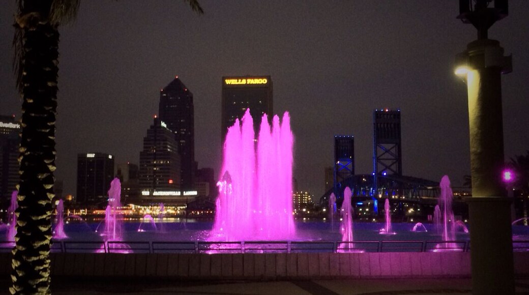 Friendship Fountain is a large fountain located in St. Johns River Park (also known as Friendship Fountain Park) at the west end of Downtown Jacksonville's Southbank Riverwalk attraction. The world's largest and tallest fountain when it opened, it has been one of Jacksonville's most recognizable and popular attractions.
The fountain and park were designed by Jacksonville architect Taylor Hardwick in 1963 and opened in 1965. The fountain's three pumps could push 17,000 US gallons (64,000 L) of water per minute up to ten stories in height. Friendship Fountain remained one of Jacksonville's signature attractions through the 20th century, but severe corrosion and deterioration to the equipment resulted in periodic closures in the 2000s. In 2011 the city completed a $3.2 million renovation to the fountain and the surrounding park.