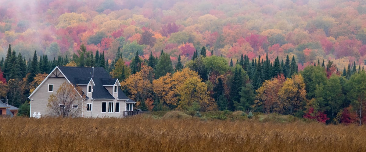 A view of the brilliant and eclectic colors that take over the entire Adirondacks region in New York state of USA during the peak fall season