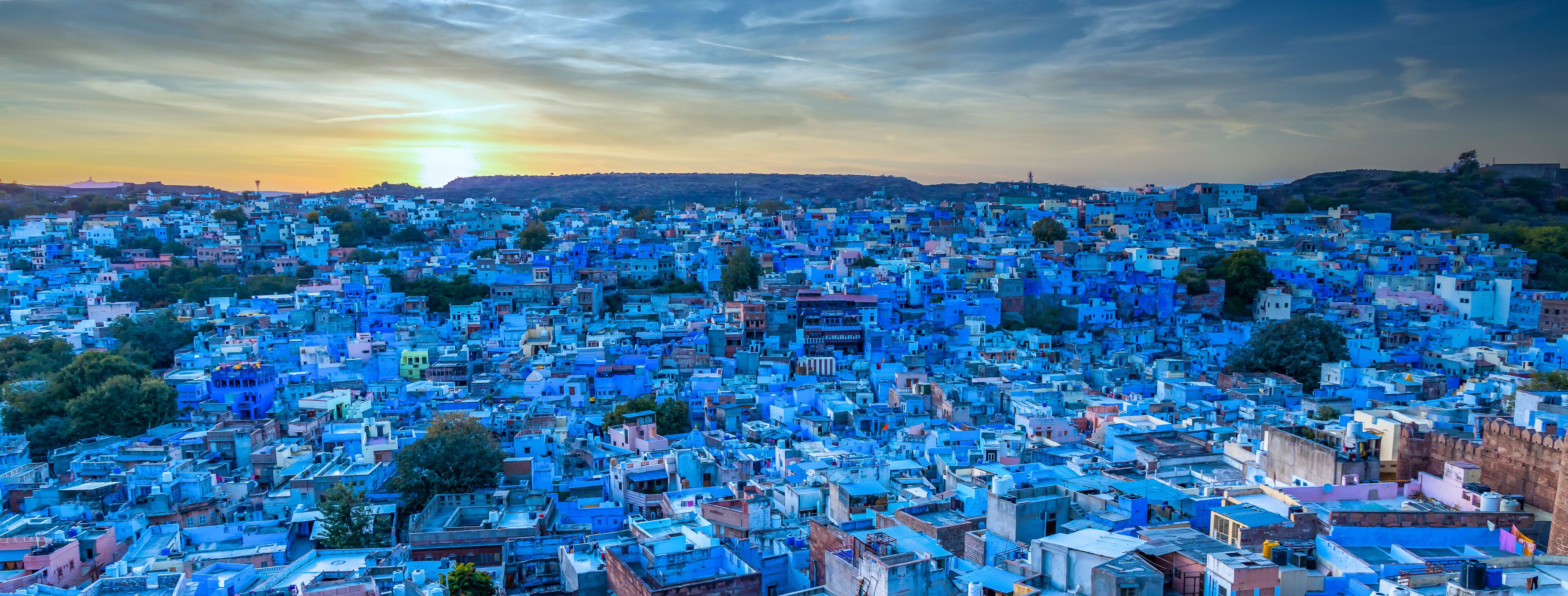 The famous blue city, Aerial view of Jodhpur city, Rajasthan, India, view from Mehrangarh fort.