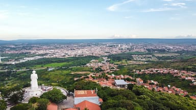 Visual aéreo da estátua religiosa do Padre Cícero no interior da cidade de Juazeiro do Norte no estado do Ceará captada do alto por um drone.