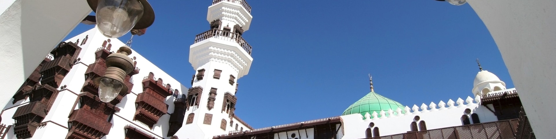 Clear blue sky over the typical white architecture in Jeddah. Saudi Arabia