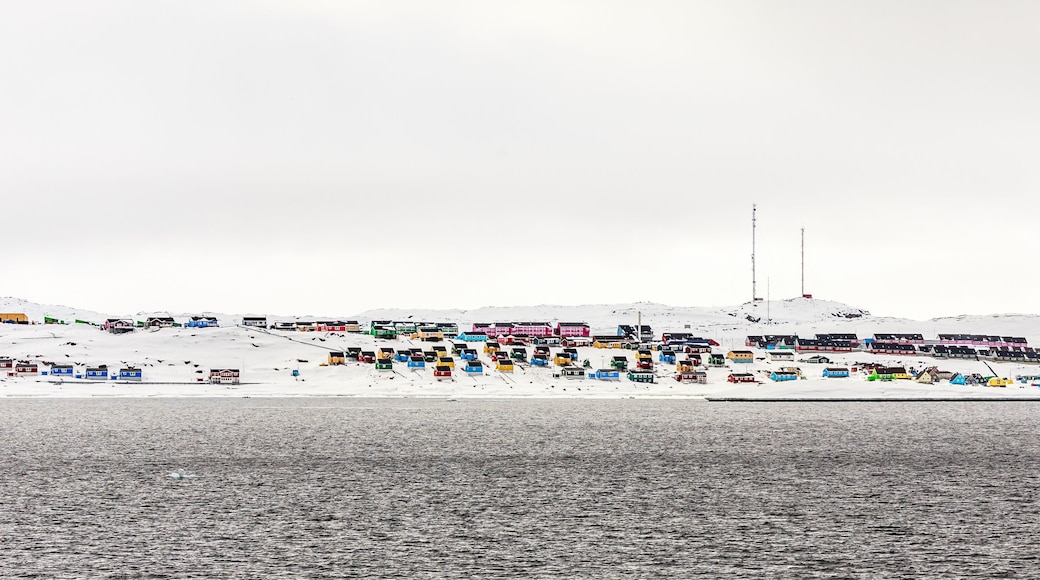 Above the Northern Polar Circle, Colorful Aasiaat city in the mi