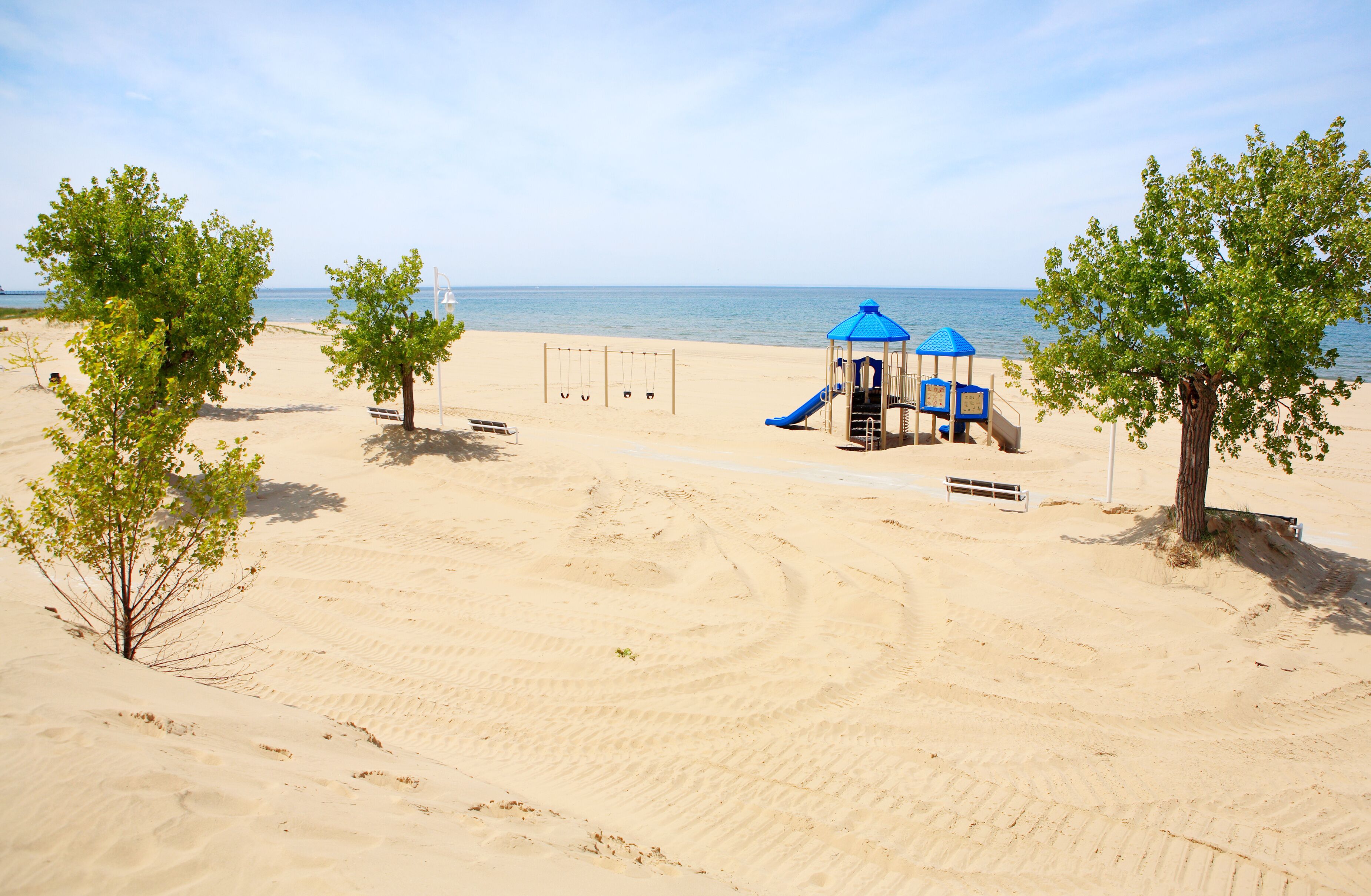 Playground equipment on the beach at Jean Klock Park, Benton Har