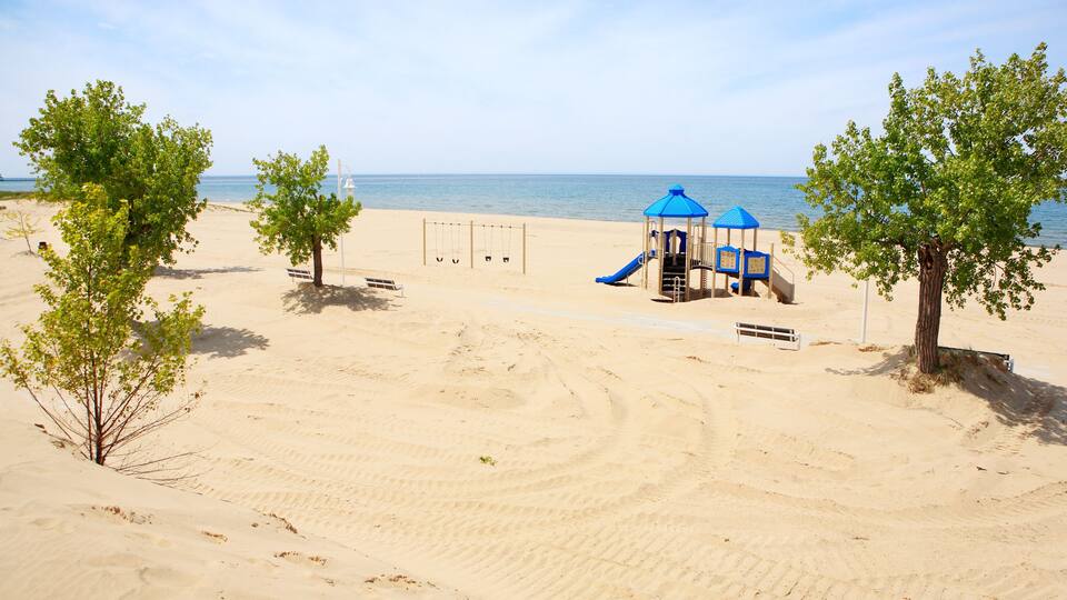 A sandy beach with a playground, trees, and the ocean.