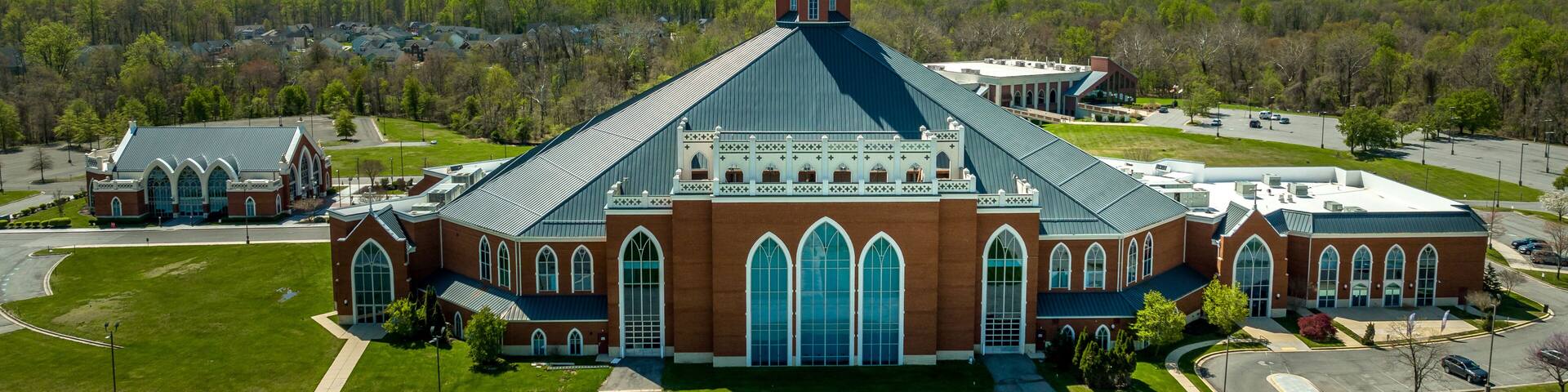 Aerial view of Upper Marlboro evangelical church near Washington DC with medieval elements