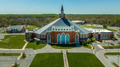 Aerial view of Upper Marlboro evangelical church near Washington DC with medieval elements