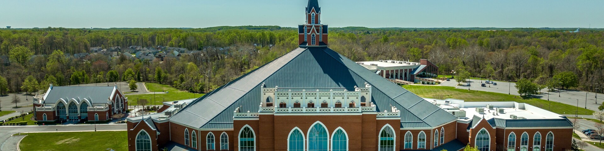 Aerial view of Upper Marlboro evangelical church near Washington DC with medieval elements