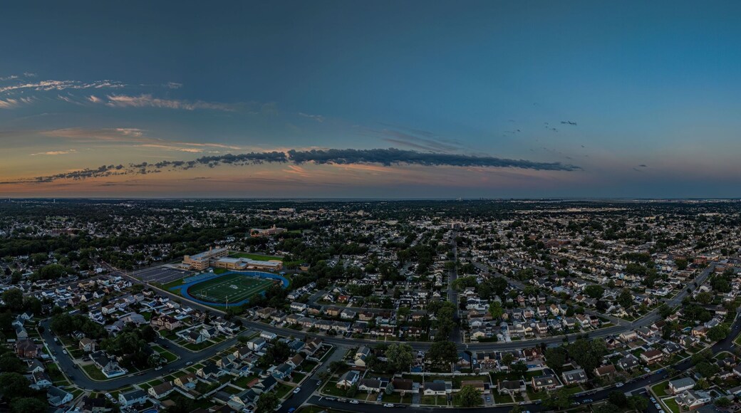 Panoramic aerial view of the Southern State Parkway at sunset in Valley Stream, New York, USA