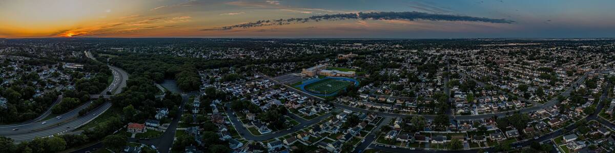 Panoramic aerial view of the Southern State Parkway at sunset in Valley Stream, New York, USA