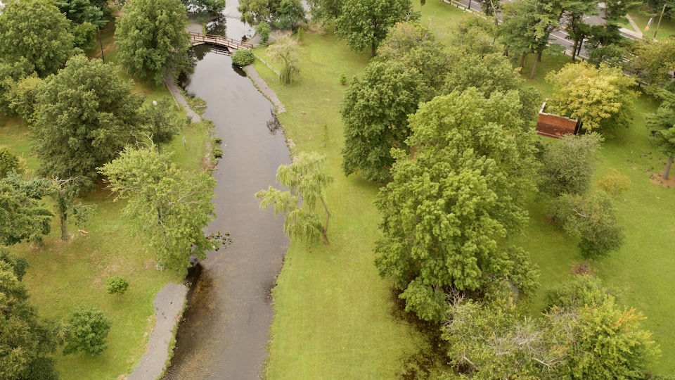 A river meandering through a park with trees and a bridge.