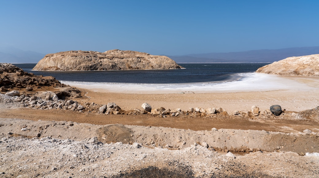 Un paisaje costero con una playa de arena, afloramientos rocosos y una gran formación rocosa a lo lejos.