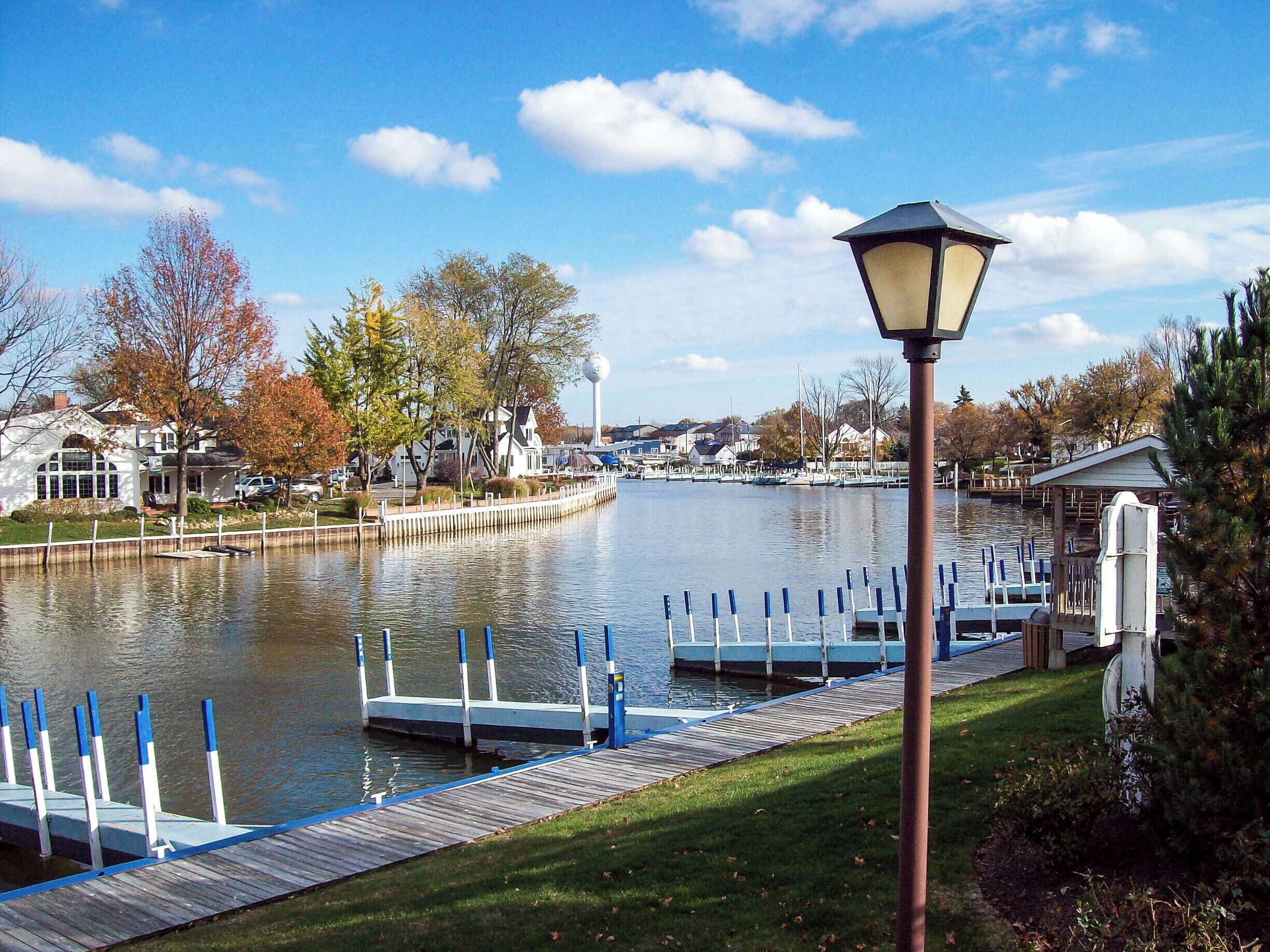 A shot of a river based neighborhood in Vermilion, OH in fall.