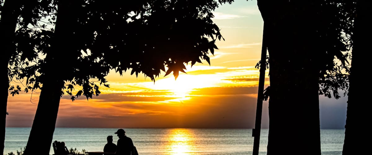 A silhouette of people sitting on a bench at sunset by the water, with trees framing the scene.