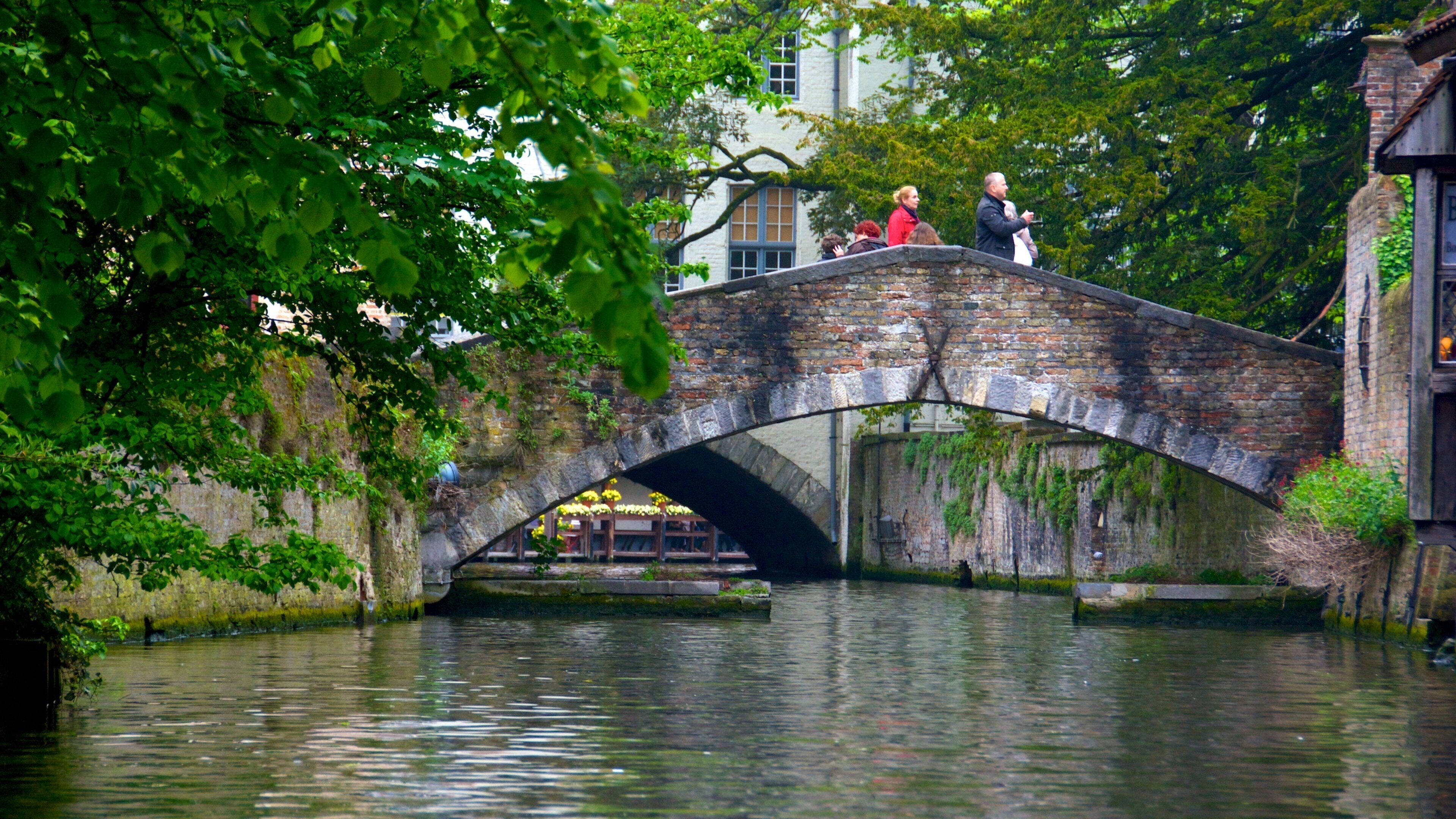 A stone bridge over a canal with greenery on either side.