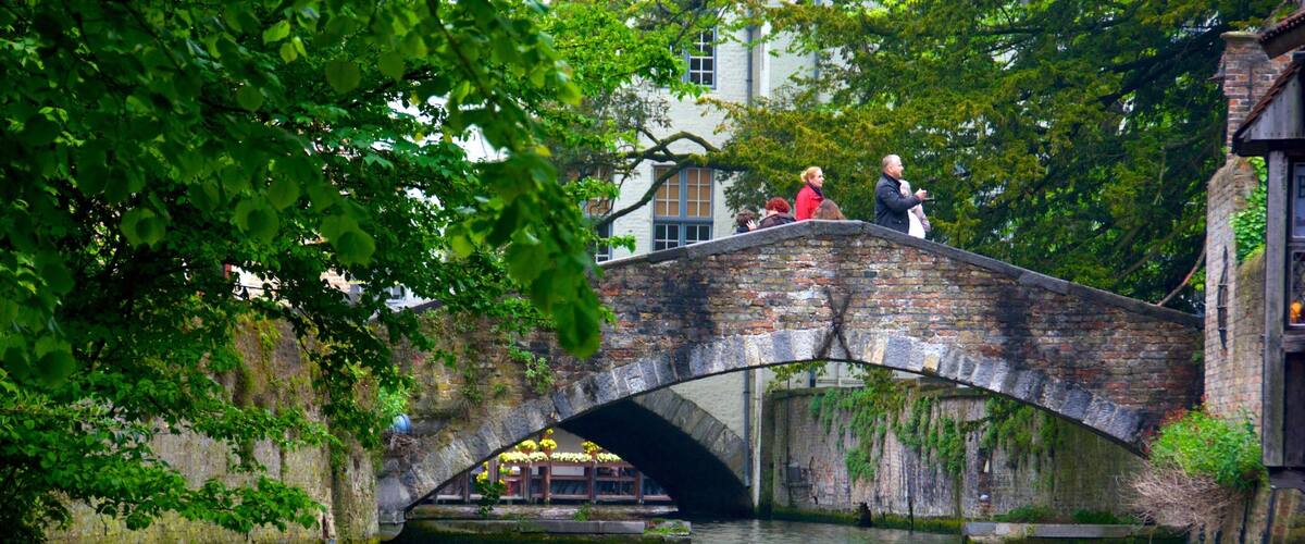 A stone bridge over a canal with greenery on either side.