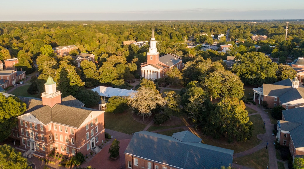 Sunset Drone Images and 4K Video of Downtown Wake Forest North Carolina, Including the Historic District and The Southeastern Baptist Seminary.
