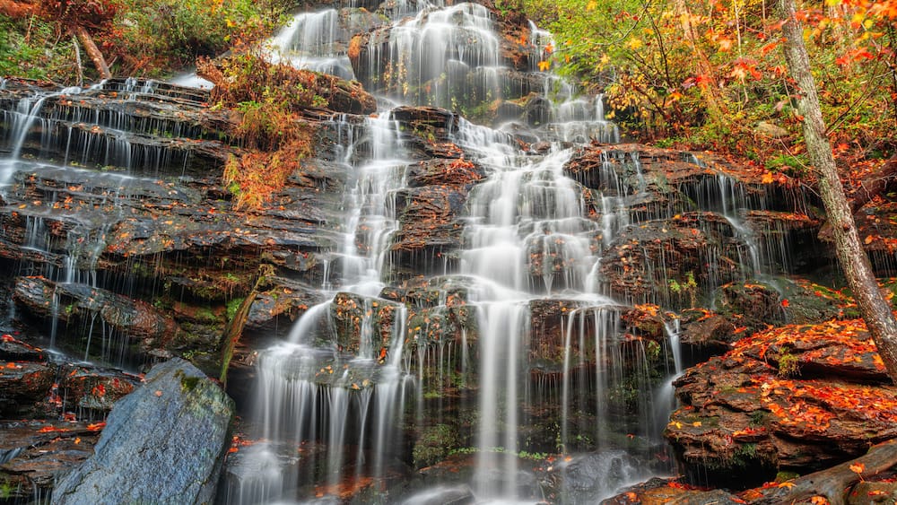 Issaqueena Falls during autumn season in Walhalla, South Carolina