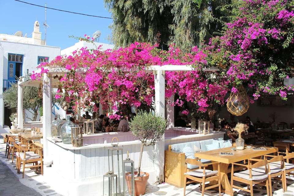 A café with outdoor seating, pink bougainvillea flowers, and white buildings with blue trim.