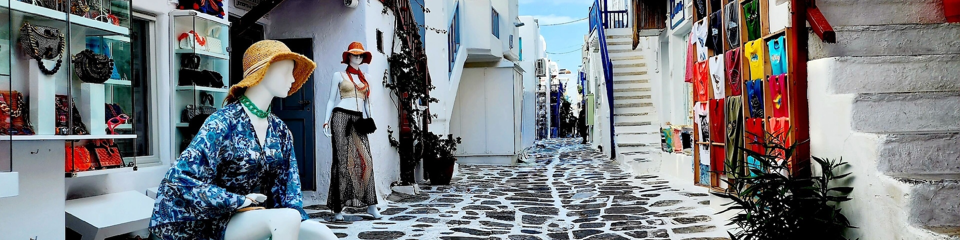 Una estrecha calle adoquinada con edificios blancos, maniquíes y banderas coloridas.