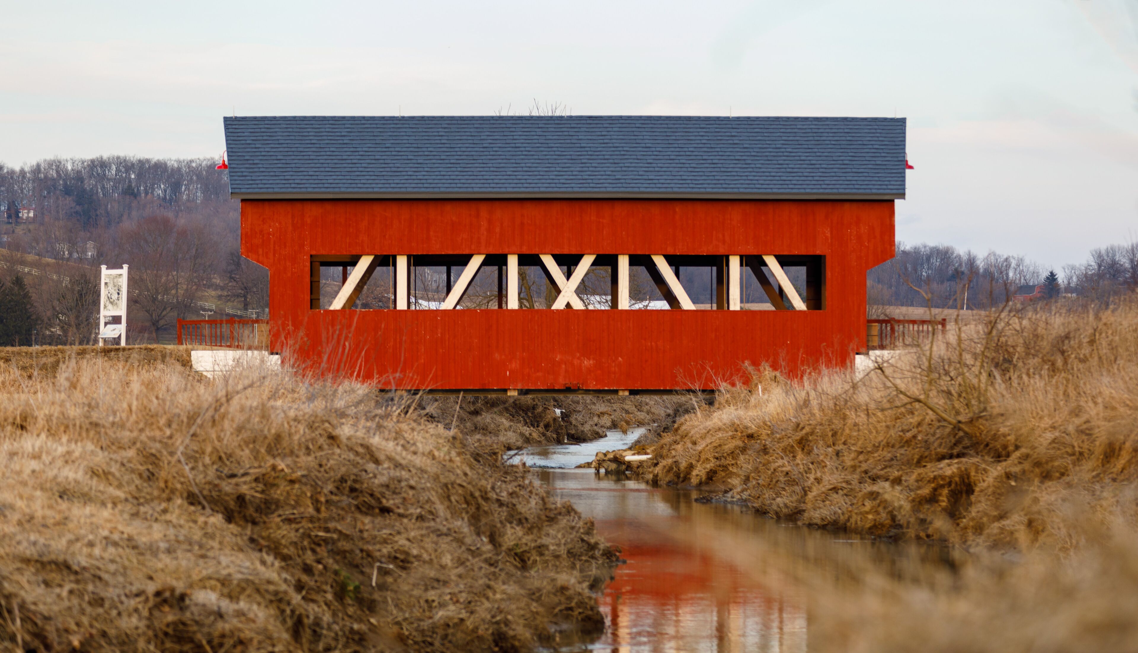 A red bridge over a stream with dry grass on either side.