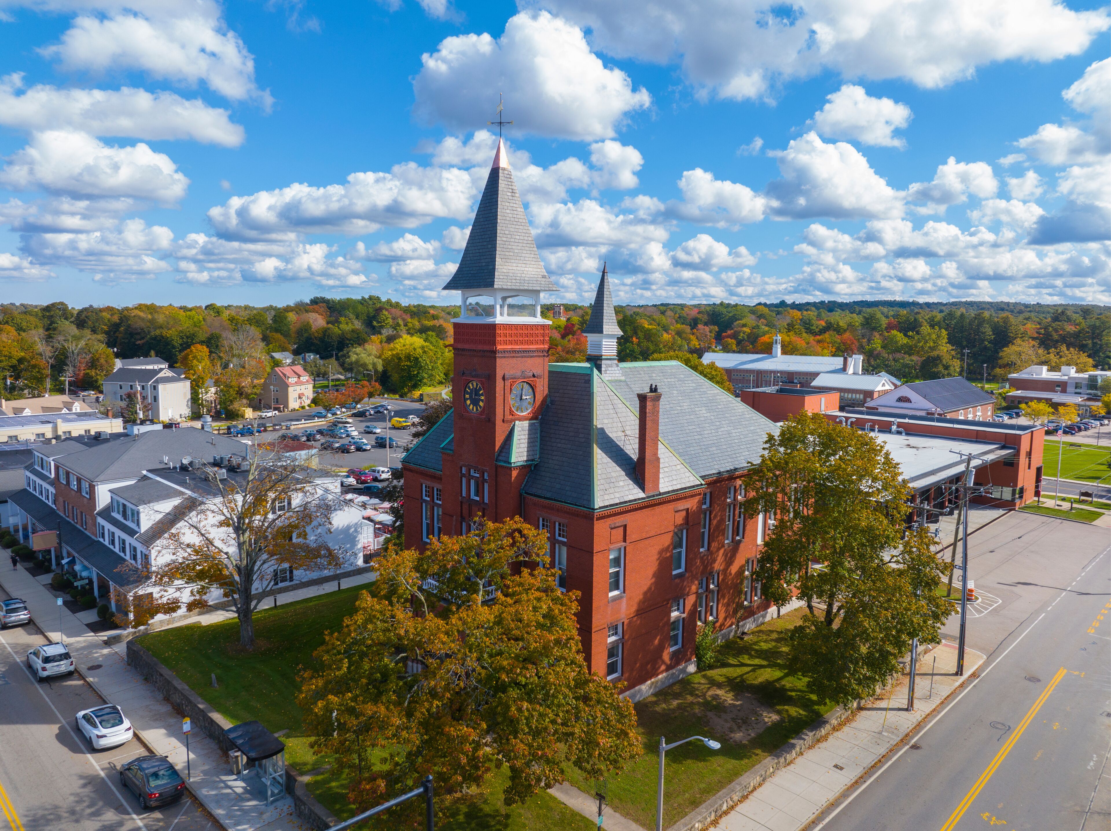 Old Town Hall aerial view at 980 Main Street in historic town center of Walpole, Massachusetts MA, USA. 