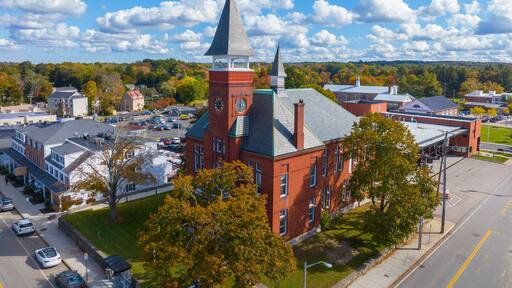 Old Town Hall aerial view at 980 Main Street in historic town center of Walpole, Massachusetts MA, USA.