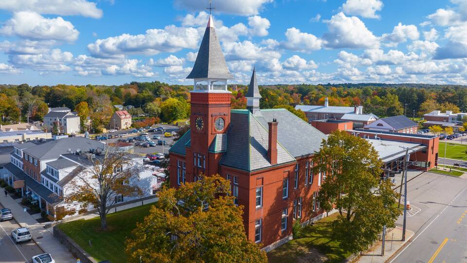 Old Town Hall aerial view at 980 Main Street in historic town center of Walpole, Massachusetts MA, USA.
