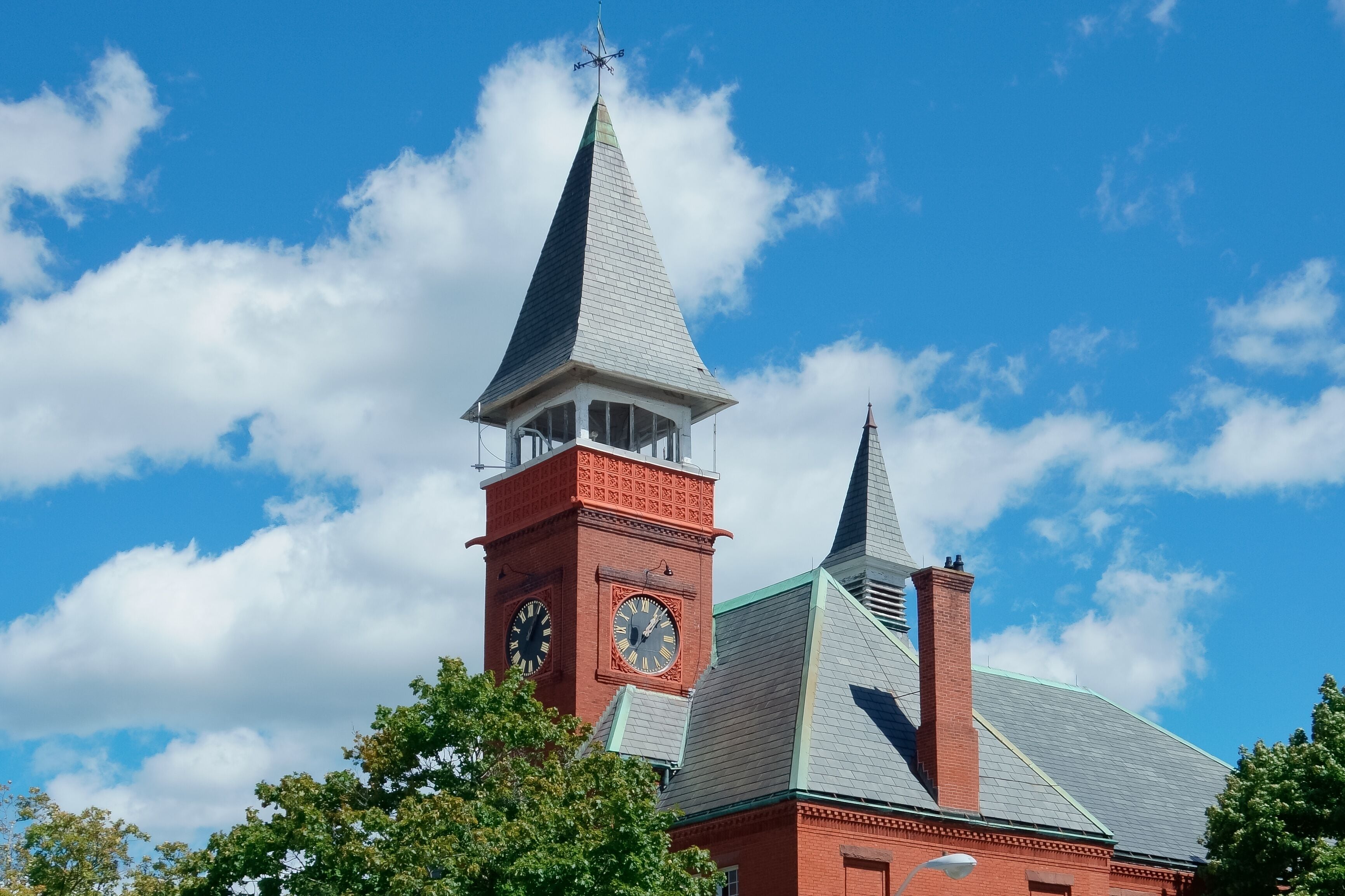 Clock tower of old town hall Walpole MA USA