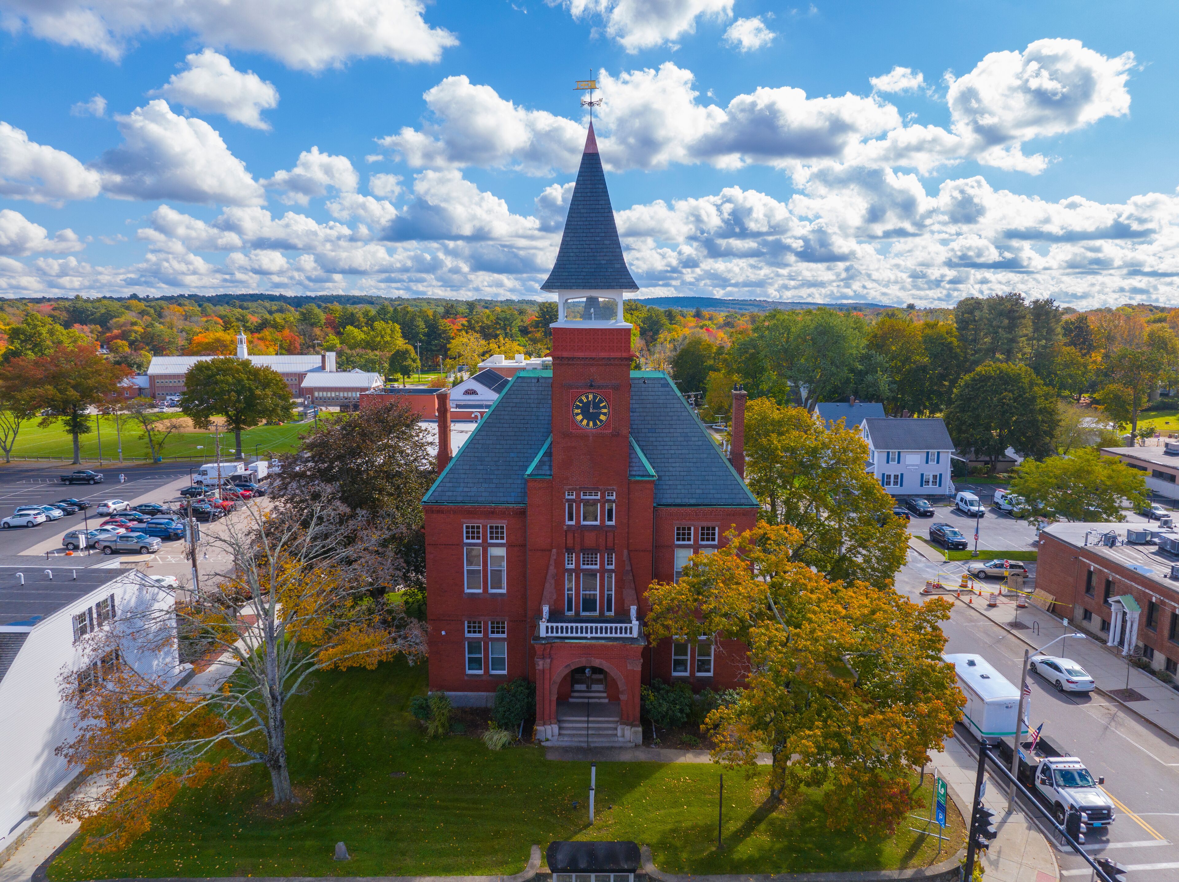 Old Town Hall aerial view at 980 Main Street in historic town center of Walpole, Massachusetts MA, USA. 
