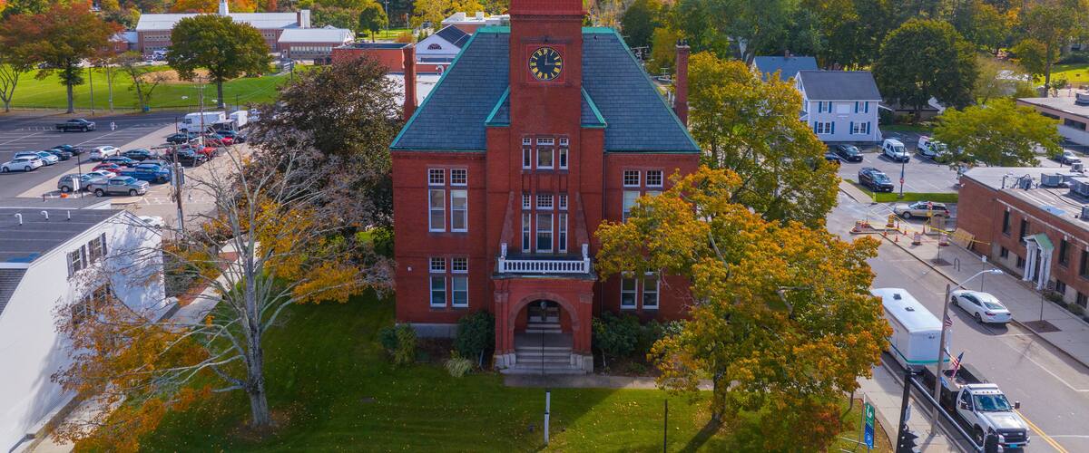 Old Town Hall aerial view at 980 Main Street in historic town center of Walpole, Massachusetts MA, USA.