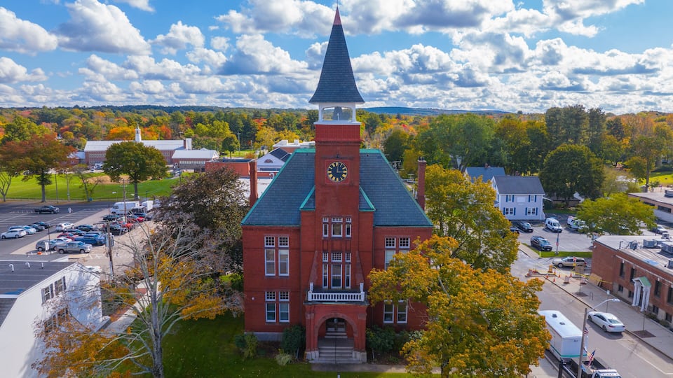 Old Town Hall aerial view at 980 Main Street in historic town center of Walpole, Massachusetts MA, USA.