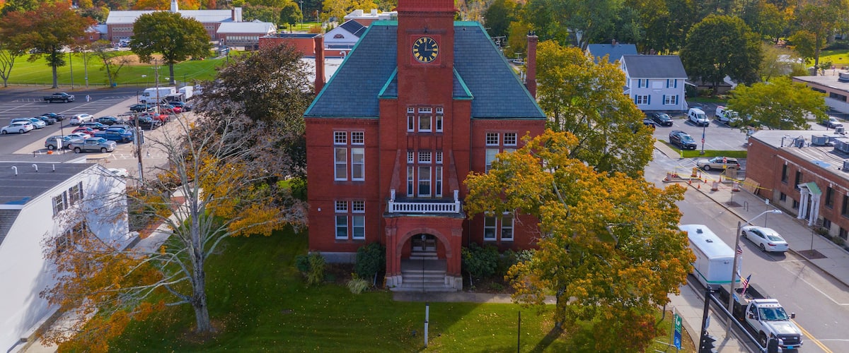 Old Town Hall aerial view at 980 Main Street in historic town center of Walpole, Massachusetts MA, USA.