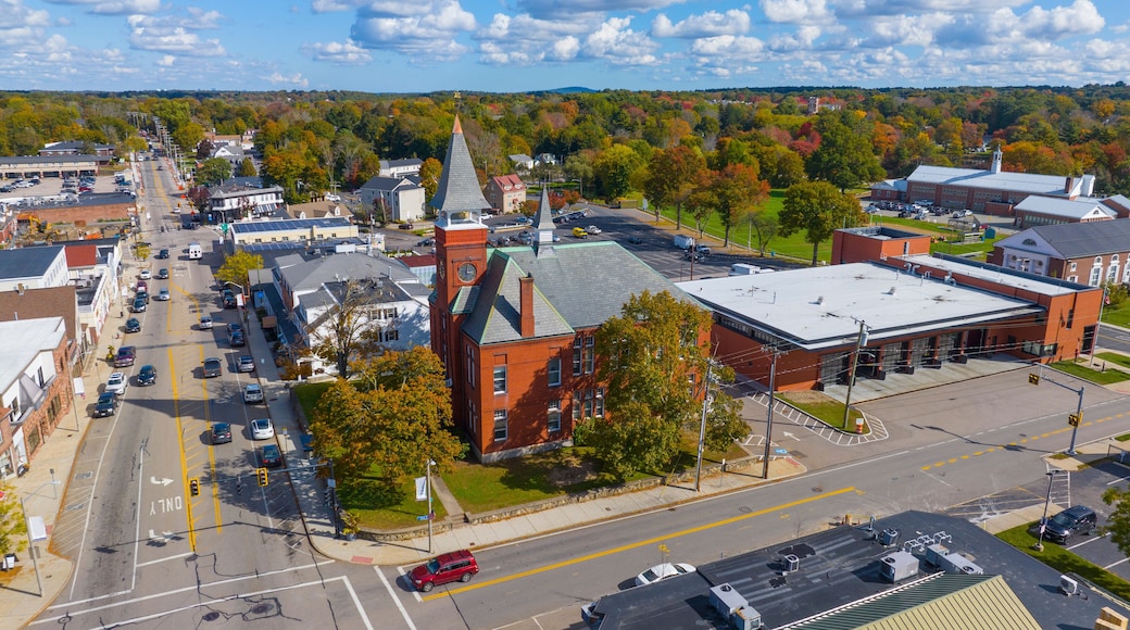 Old Town Hall aerial view at 980 Main Street in historic town center of Walpole, Massachusetts MA, USA.
