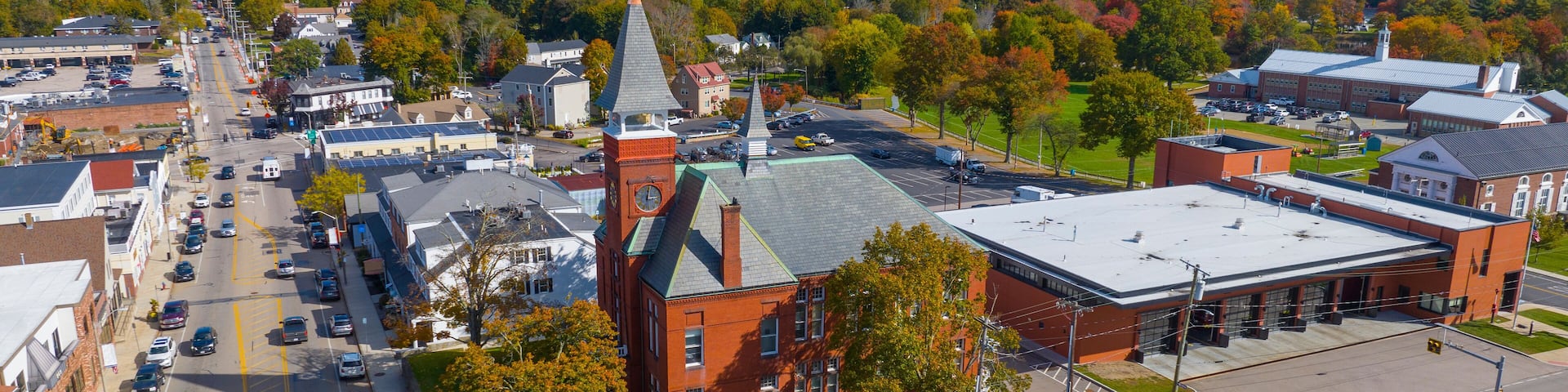 Old Town Hall aerial view at 980 Main Street in historic town center of Walpole, Massachusetts MA, USA.