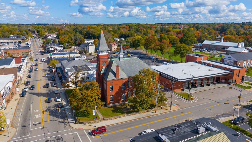 Old Town Hall aerial view at 980 Main Street in historic town center of Walpole, Massachusetts MA, USA.