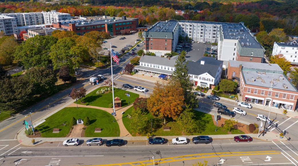 Walpole historic town center aerial view including Town Common on Main Street in fall, Walpole, Massachusetts MA, USA.