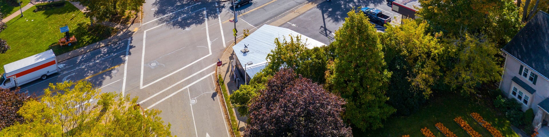 Walpole historic town center aerial view including Town Common on Main Street in fall, Walpole, Massachusetts MA, USA.