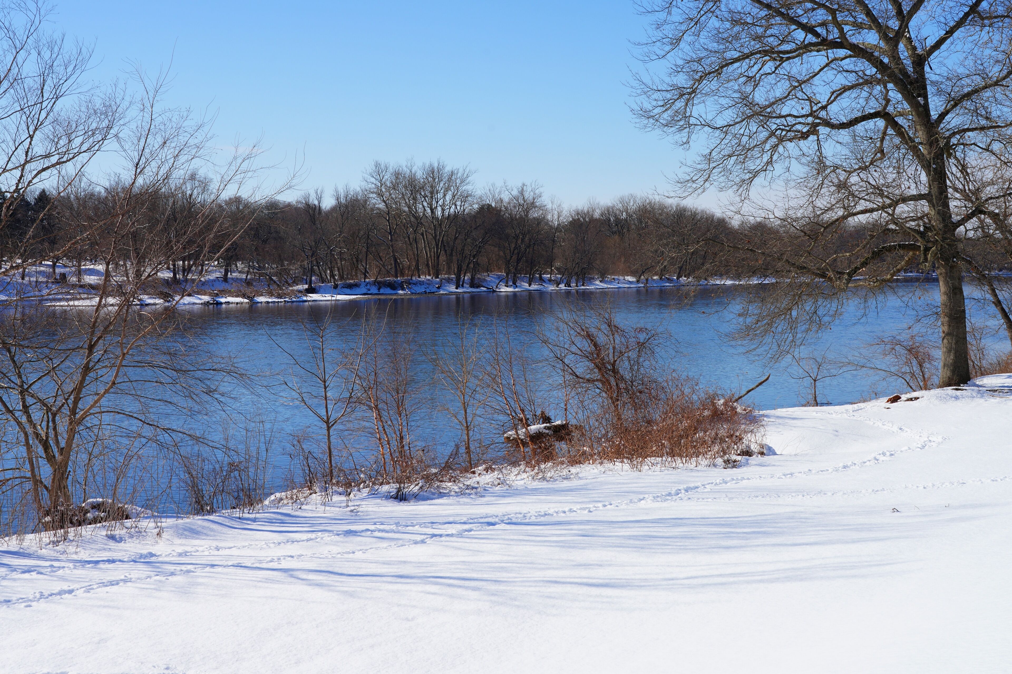 View of the Delaware River in winter after a snowfall in Washington Crossing, United States