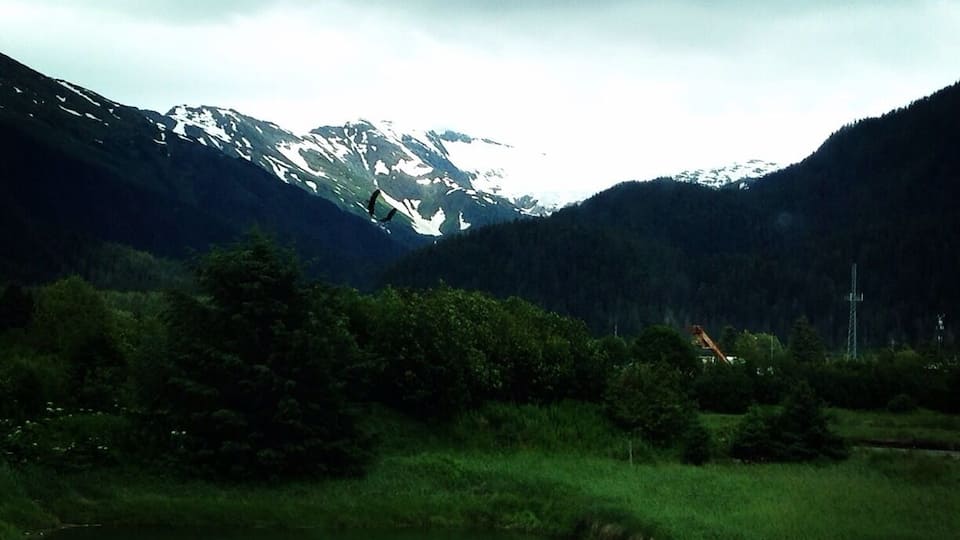 Paisatge de muntanya amb cims nevats, bosc dens i una grua de construcció.