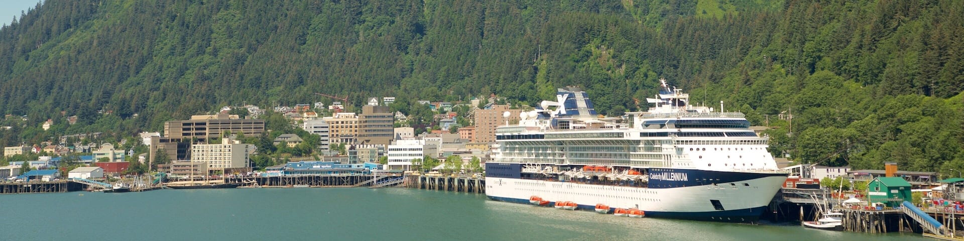 ジュノー フィーチャー 海岸線の眺め, 海岸沿いの町 と 山々