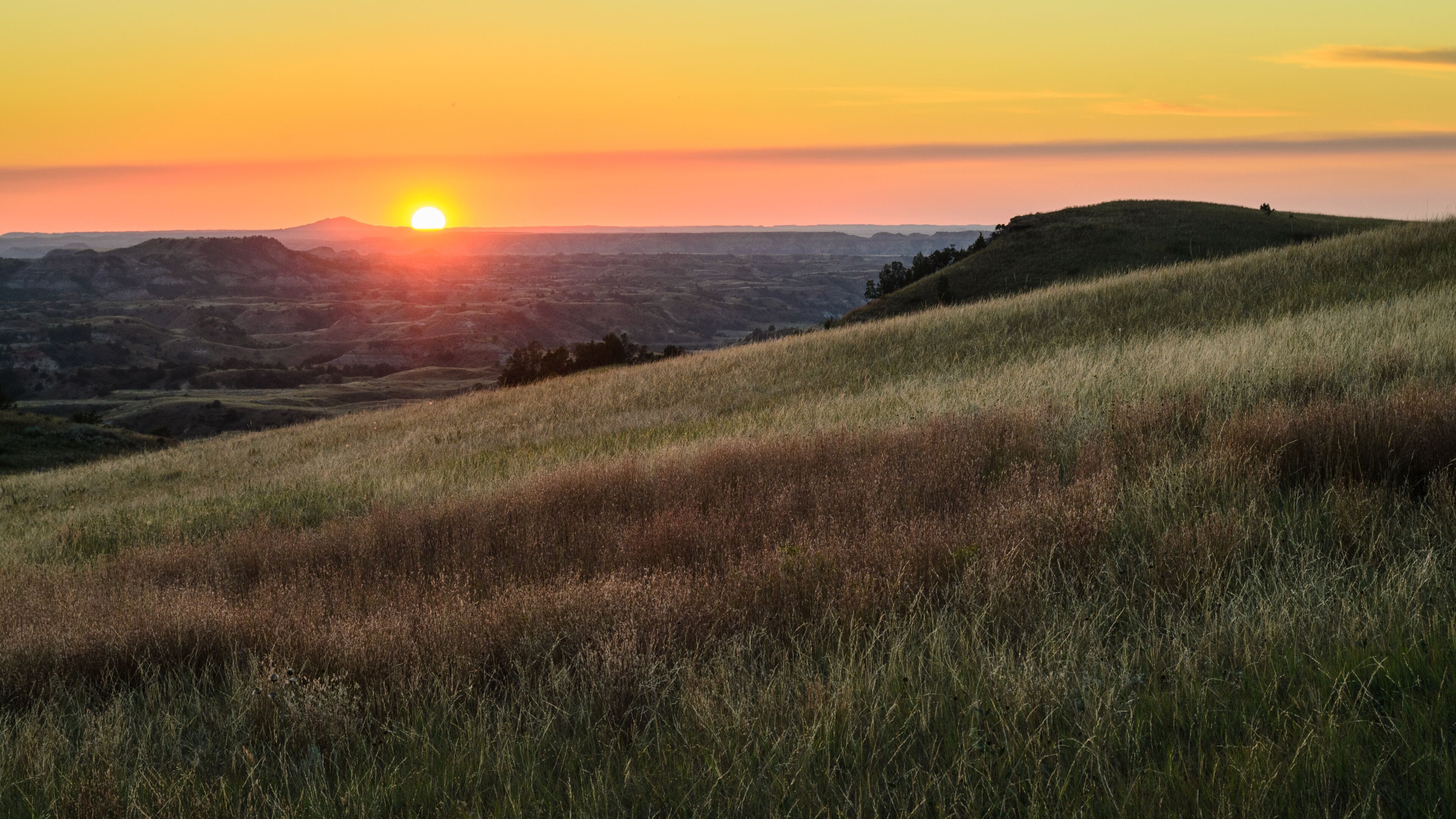 A sunset over a grassy hill with a clear sky.