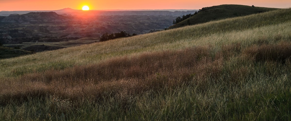 A sunset over a grassy hill with a clear sky.