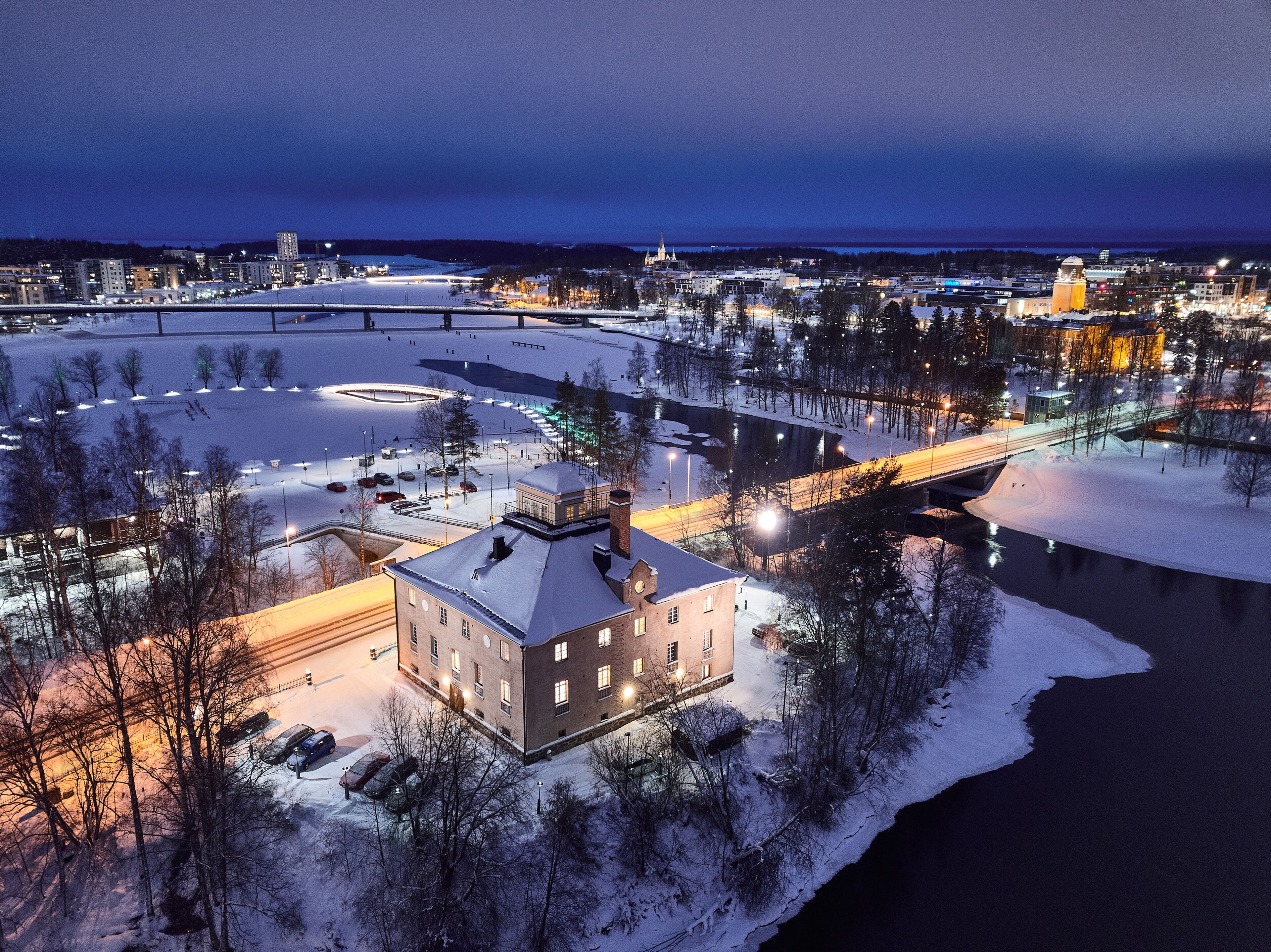 Aerial view of evening city Joensuu in winter, Finland