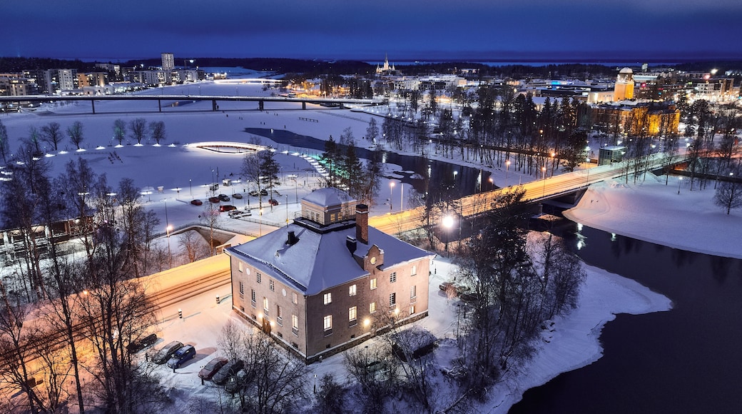 Aerial view of evening city Joensuu in winter, Finland